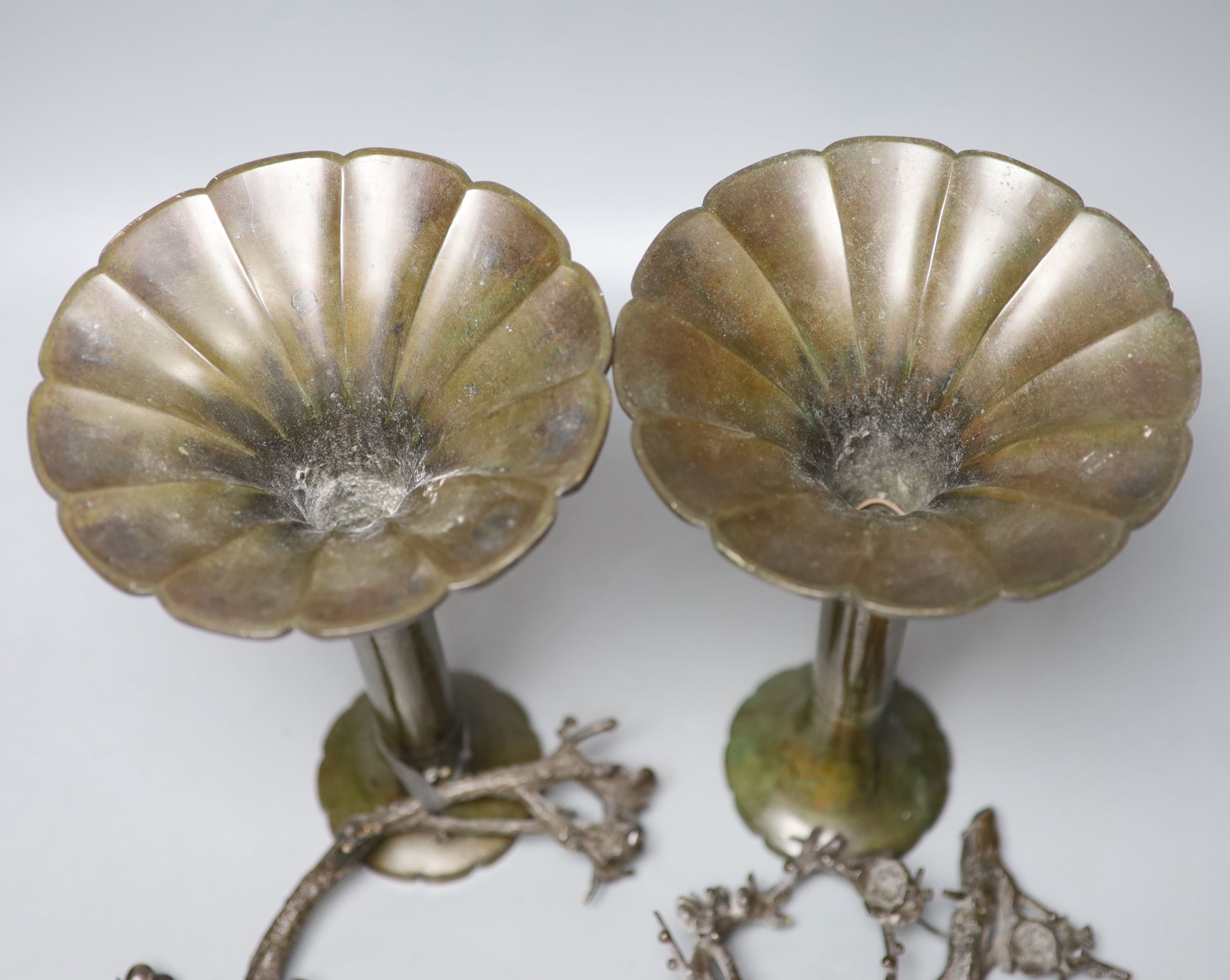 A pair of Japanese bronze two handled prunus vases, height 18cm